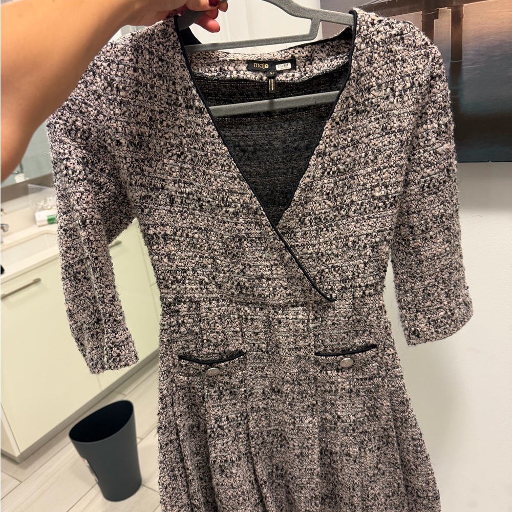 Maje Black and White Tweed Long Sleeve Dress